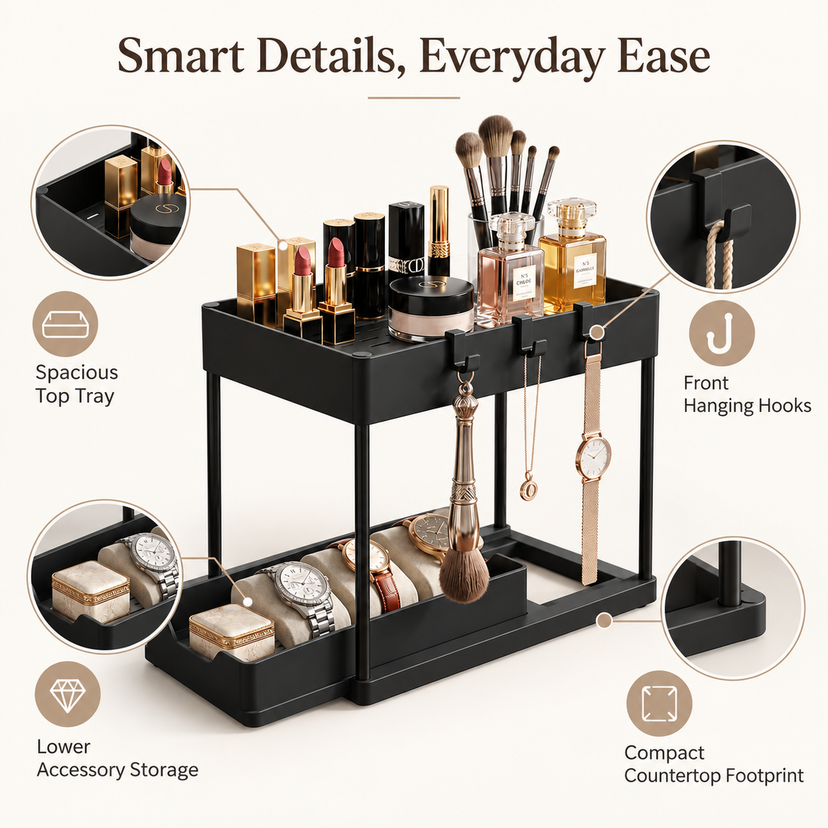 2 Tier Sliding Under Sink Organizer,     Bathroom Countertop Storage Organizer, Multipurpose Kitchen Organizer