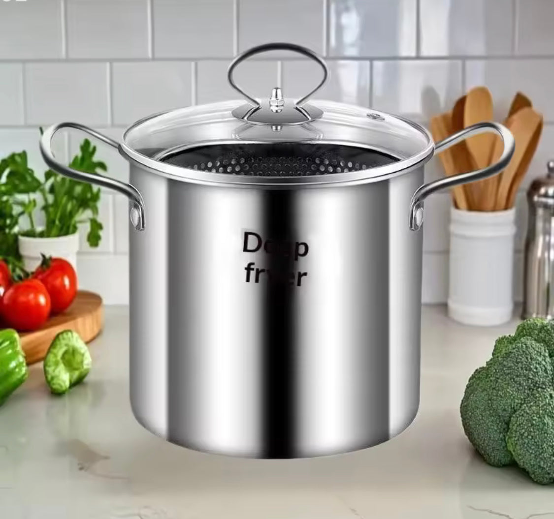 3.5L Deep Fryer Pot With Glass Lid, Stainless Steel Frying Pot With Mesh Steamer Basket, Kitchen Tools