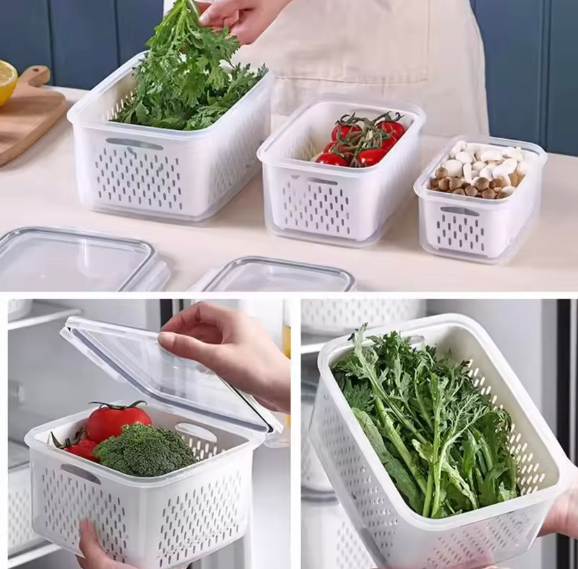 3pcs Refrigerator Organizer Box With Draining Basket, Transparent Refrigerator Food Storage Box, Multi Use Fridge Fruit Vegetable Storage Box