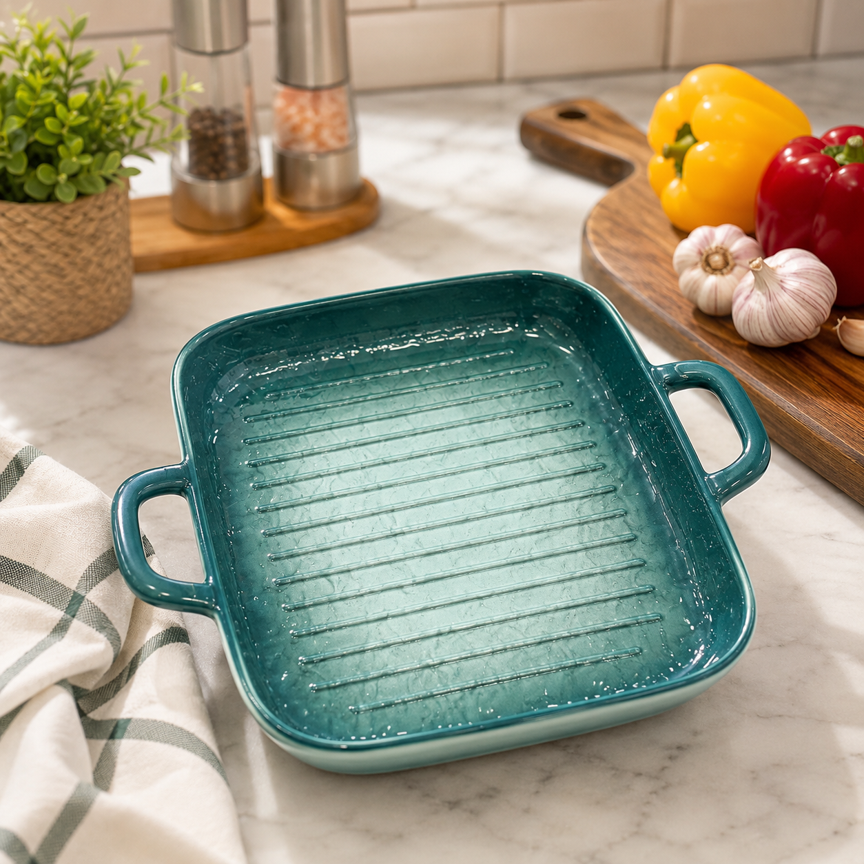 Non Stick Ceramic Roasting And Baking Tray, Deep Ceramic Baking Dish with Side Handles, Heavy Duty Ceramic Baking Tray with Raised Grill Ridges