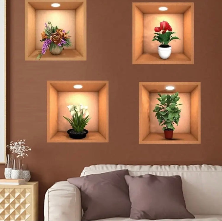 Set Of 3 Potted Plant Wall Sticker, 3D DIY Room Scene Decoration Sticker, Remove Self Adhesive Wall Decals