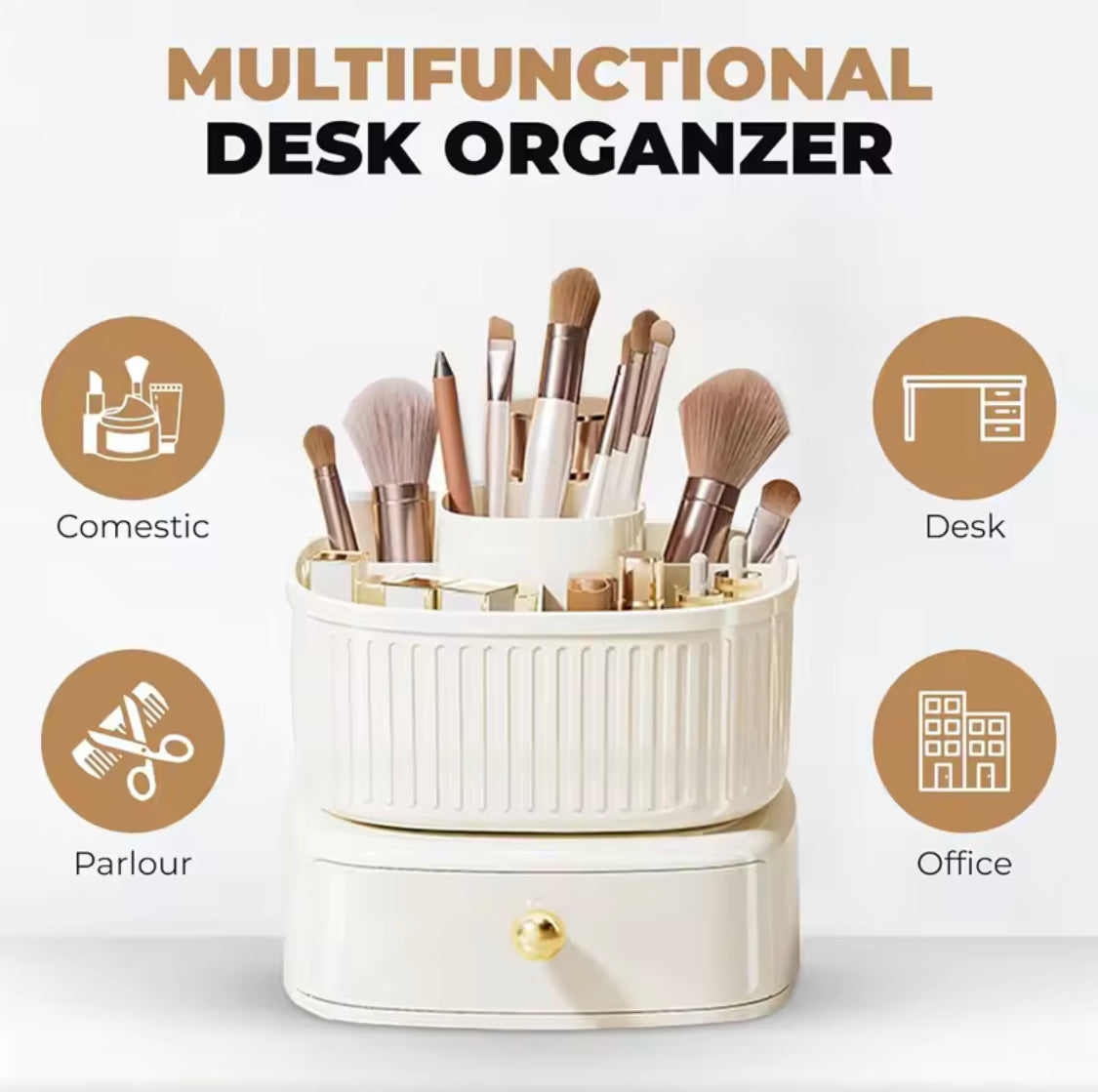 5 Grid Spinning Makeup Organizer, Desktop Makeup Organizer, Makeup Brush Holder With Drawer, Desktop Vanity Organizer