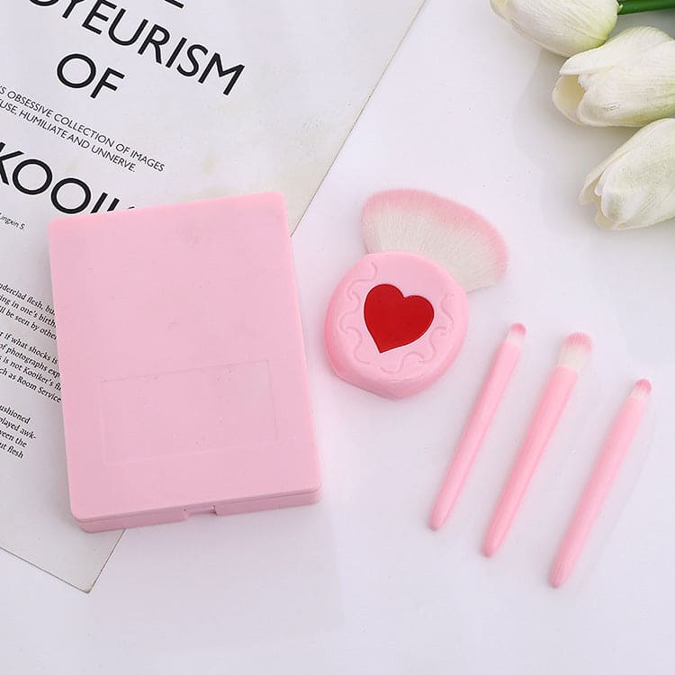 Mini Heart Makeup Brush Set, Portable Makeup Mirror with 5 Pcs Makeup Brushes, Hand Hold Pocket Foldable Beauty Makeup Tools Set, Portable Makeup Brush Box With Mirror