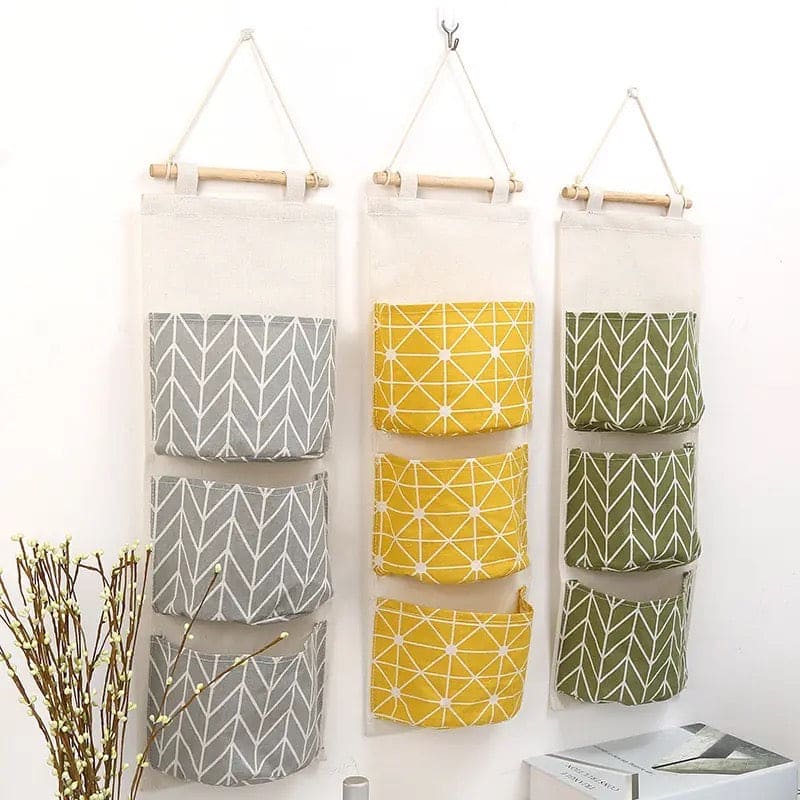 3 Pocket Hanging Storage Bag, Wall Pocket Hanging Holder, Multipurpose Sundry Storage Pocket, Linen Bathroom Toiletry Home Decor Hanging Bag, Creative Cotton And Linen Waterproof Storage Hanging Bag, Wardrobe Door Hanging Storage Bag