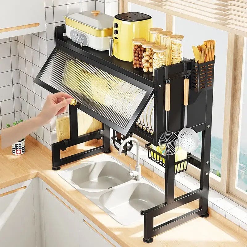 Multifunctional Flip Kitchen Dish Rack, Over Sink Countertop Kitchen Storage Shelf, Metal Cabinet Door Crockery Shelf, Expandable Sink Drainer Drying Rack with Door, Telescoping Dish Storage Rack