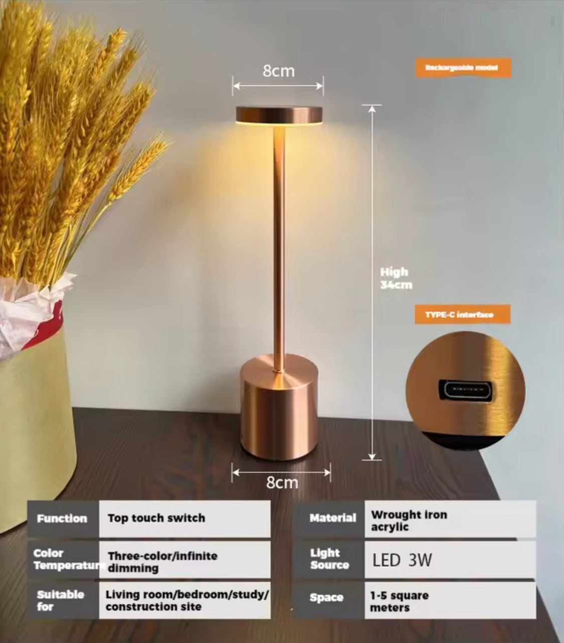 Modern Touch LED Desk Lamp, Rechargeable Sensor LED Lamp, 3 Modes Sensor Touch LED Lamp