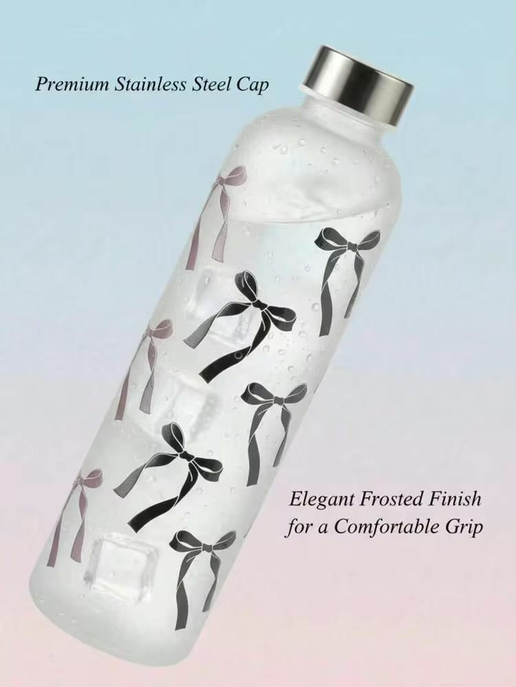 1L Aesthetic Water Bottle With Bow Print, Reusable Water Bottle With Lid, Ribbon Bow Frosted Water Bottle, Multipurpose Water Bottle for Travel