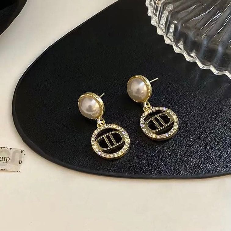 Shiny Black C D Drop Earrings, Fashionable Needle Pearl Earring, Fragrant French Style Temperament Earrings