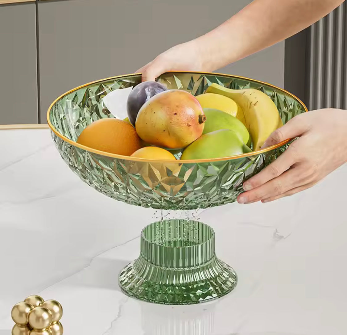 Luxury Fruit Bowl with Gold Rim, Elegant Crystal Pedestal Fruit Serving Bowl, Multipurpose Diamond Cut Fruit Bowl with Gold Edge, Decorative Crystal Centerpiece Bowl
