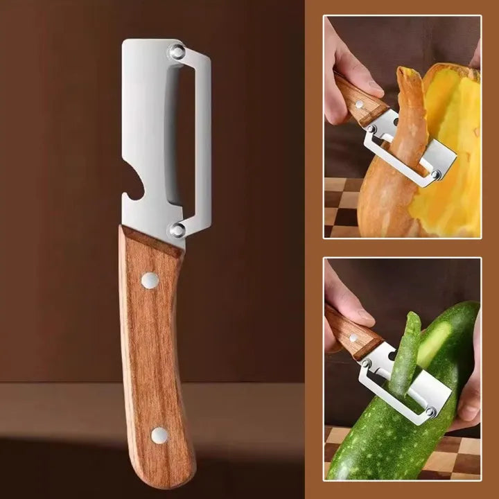 2 In 1 Stainless Steel Peeler With Wooden Handle, Multifunction Vegetable Peeler, Fruit Knife With Bottle Opener, Kitchen Tool