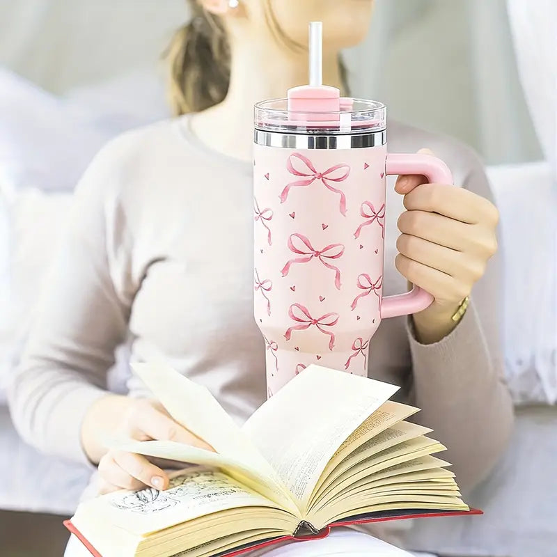 1200ml Bow Design Insulated Tumbler, Cute Bow Print Stainless Steel Tumbler, Cute Girly Bow Print Thermal Cup, Bow Pattern Thermal Travel Mug
