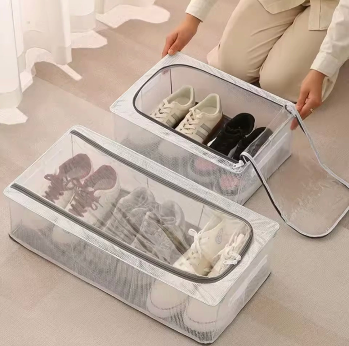 Double Sided Opening Zipper Shoe Storage Box, Under The Bed Shoe Basket, Dustproof Household Storage Box