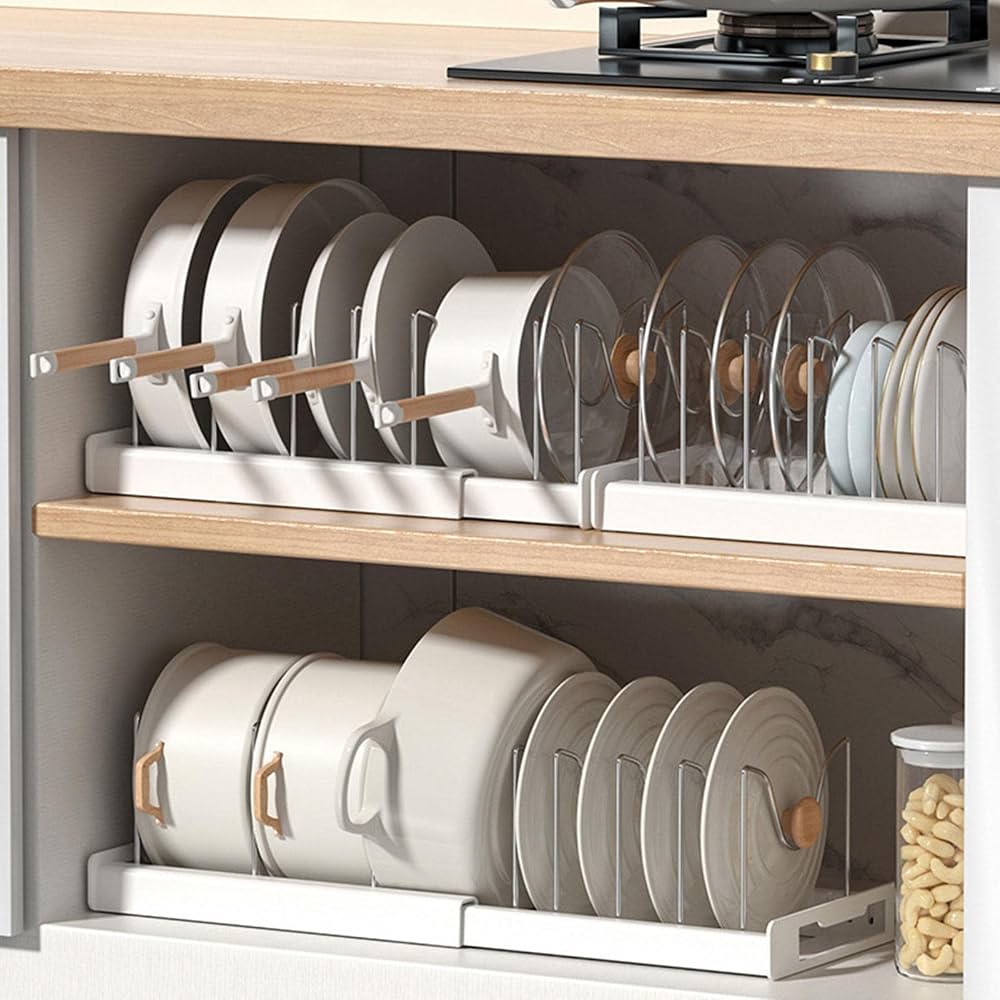 Expandable Pans Organizer Rack, Adjustable 7 Compartments Dish Storage Rack, Pot Lid Organizer, Kitchen Utensils Rack