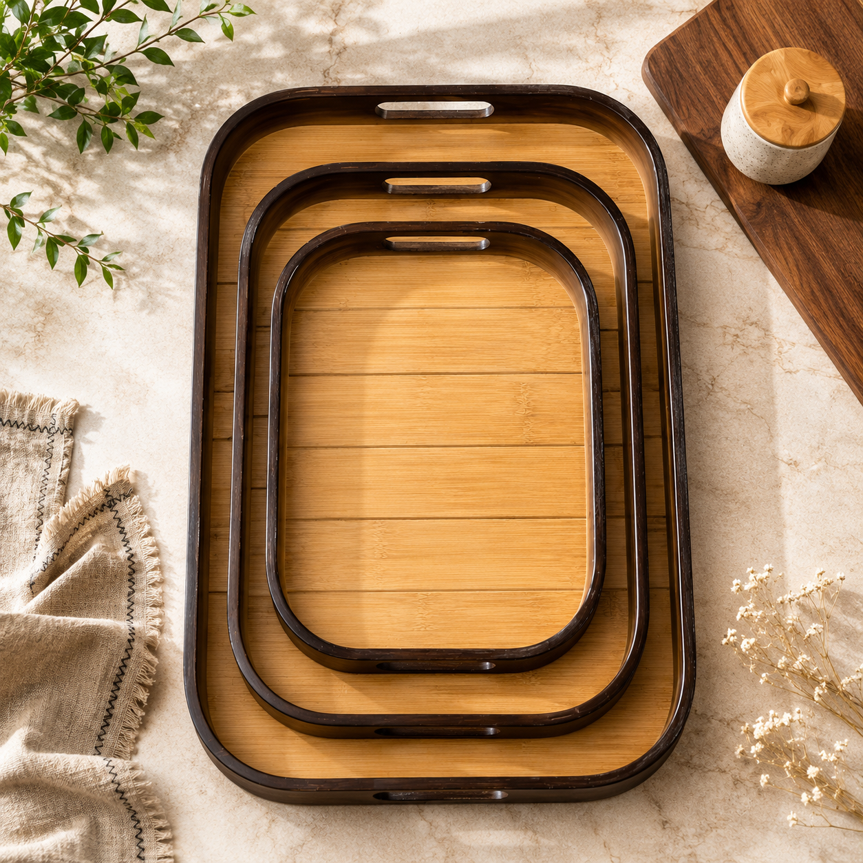 3 Pcs Wooden Tea Serving Tray Set With Handles, Elegant Bamboo Breakfast Tray Set, Classic Wooden Serving Tray Collection