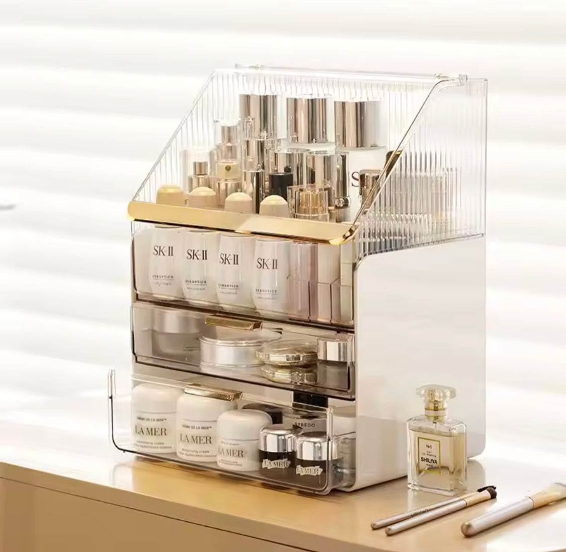 Transparent Desk Makeup Organizer Box With Drawers, Desktop Perfume Organizer, Waterproof Cosmetic Storage Box With Drawer, Large Capacity Makeup Storage Case