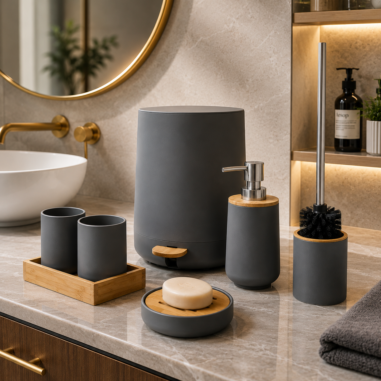 Luxury 6pcs Bathroom Accessories Set, Nordic Style Bathroom Essentials Set, Elegant Bathroom Countertop Essentials, Modern Bathroom Accessories Set