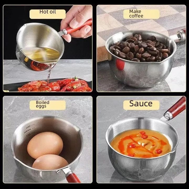 Stainless Steel Oil Splash Pot, Wooden Handle Mini Sauce Pan, Kitchen Cooking Seasoning Dripping Sauce Pan, Household Small Milk Pan, Multipurpose Home Kitchen Small Cooking Pot Butter Melting Pot