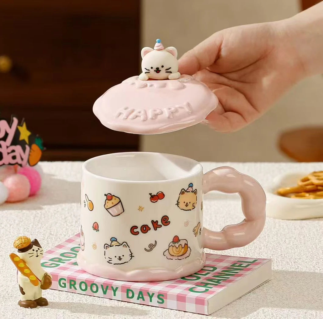 Cute Ceramic Mug With Cat Lid, Cartoon Animal Shape Tea Cup, Puppy Kitten Coffee Cup, Household Breakfast Juice Tea Cute Mug (1 Pc)