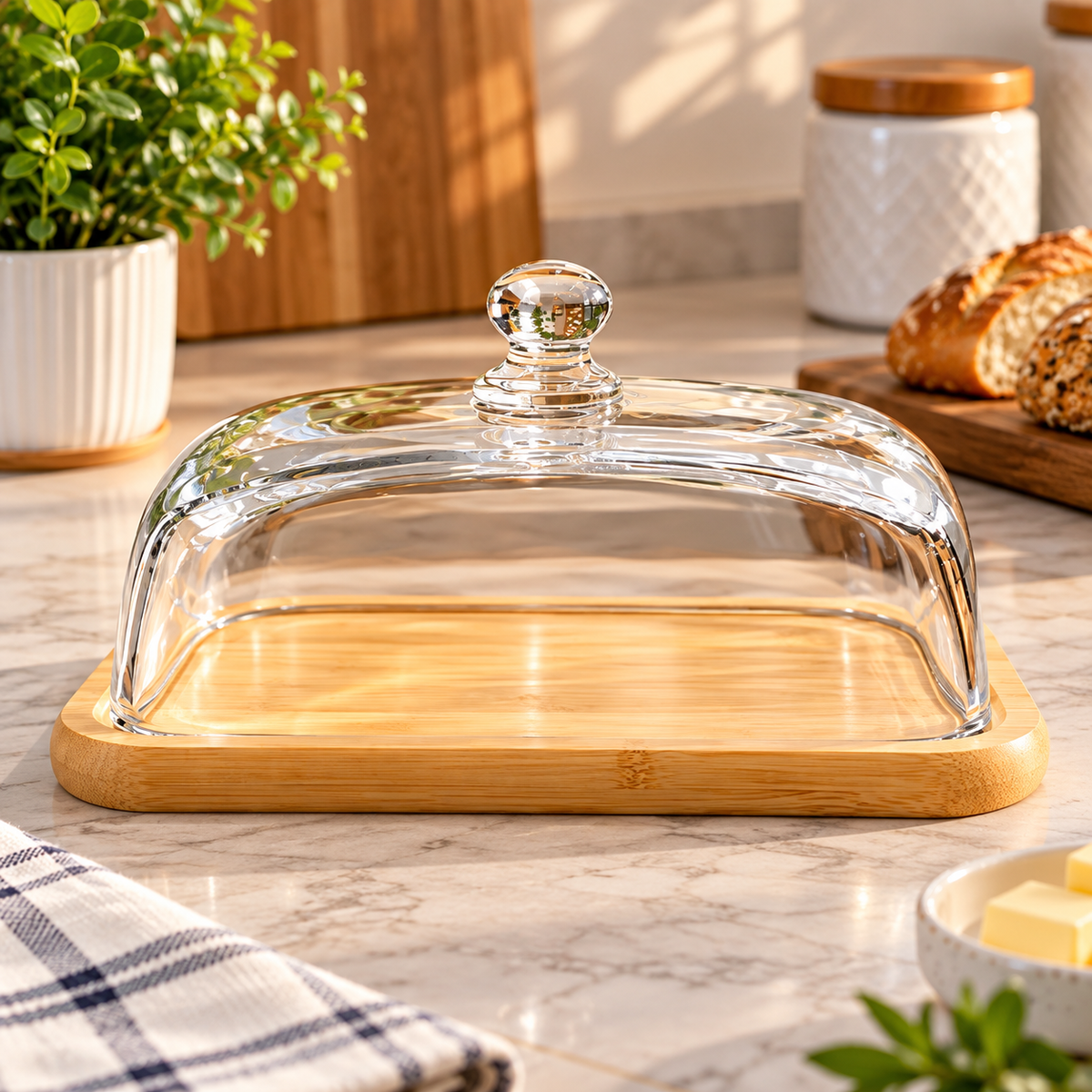 Glass Butter Storage Container with Bamboo Base, Butter Keeper with Transparent Lid, Elegant Butter Storage Container