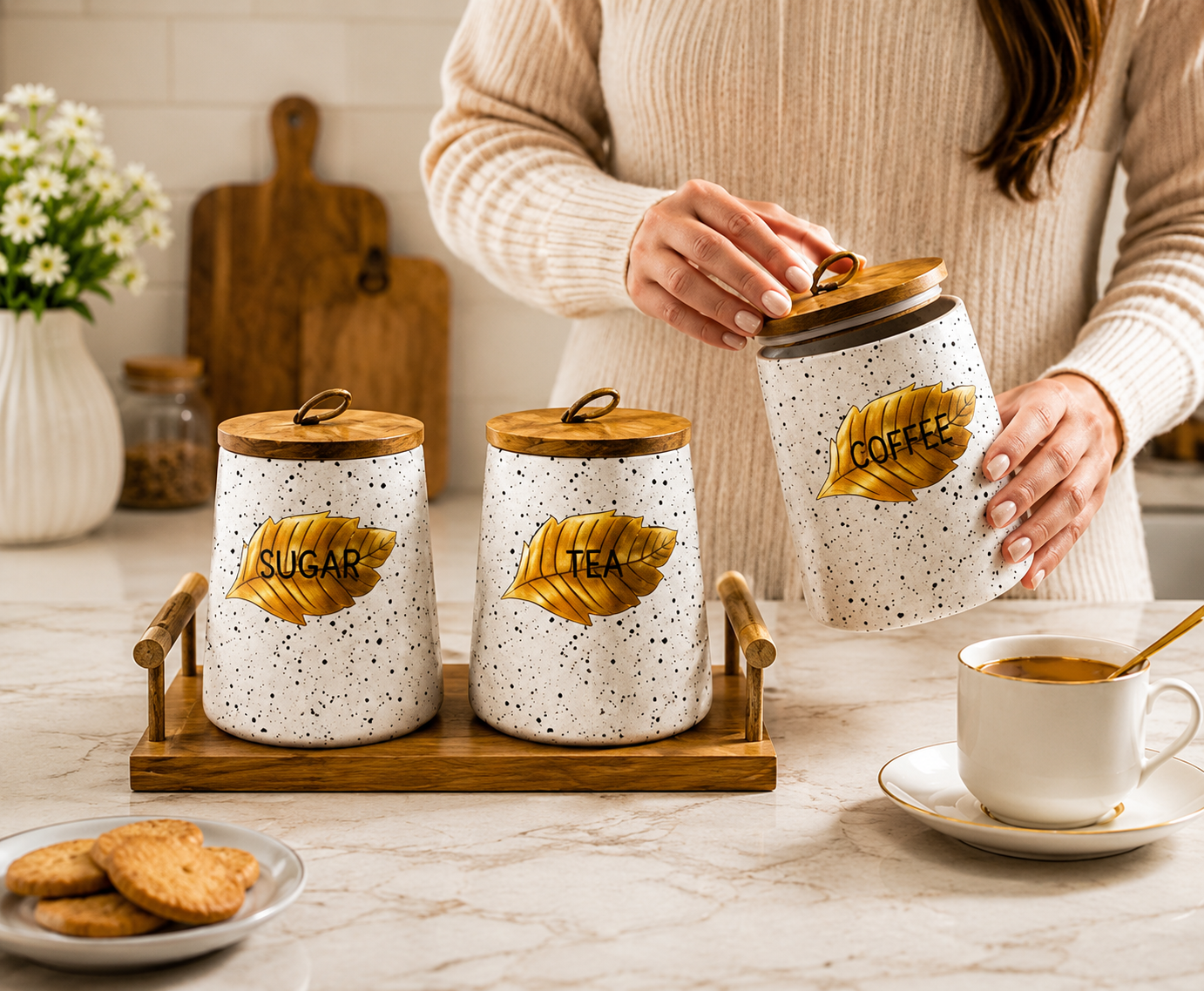 3pcs Ceramic Storage Jar Set with Wooden Lids, Speckled Ceramic Canister Set With Wooden Tray, Decorative Ceramic Kitchen Storage Jar Set