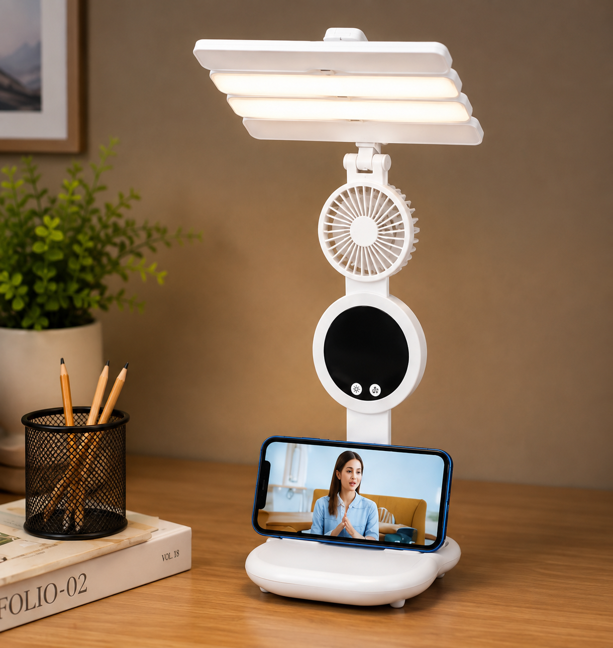 3 In 1 LED Fan With Desk Lamp, Rechargeable LED Desk Lamp with Fan, Portable LED Reading Lamp, Multifunctional Desk Lamp with Phone Holder