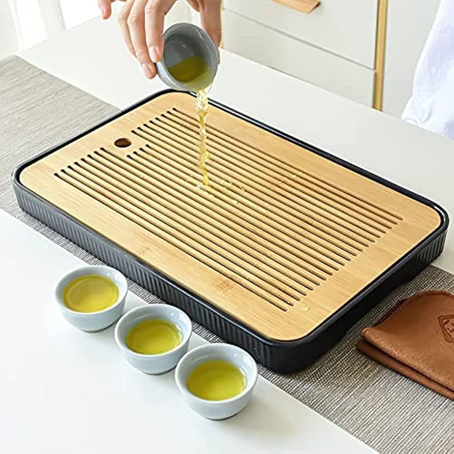 Wooden Kitchen Dish Drying Rack with Water Tray, Wooden Dish Drainer with Removable Water Tray, Bamboo Style Dish Drying Tray