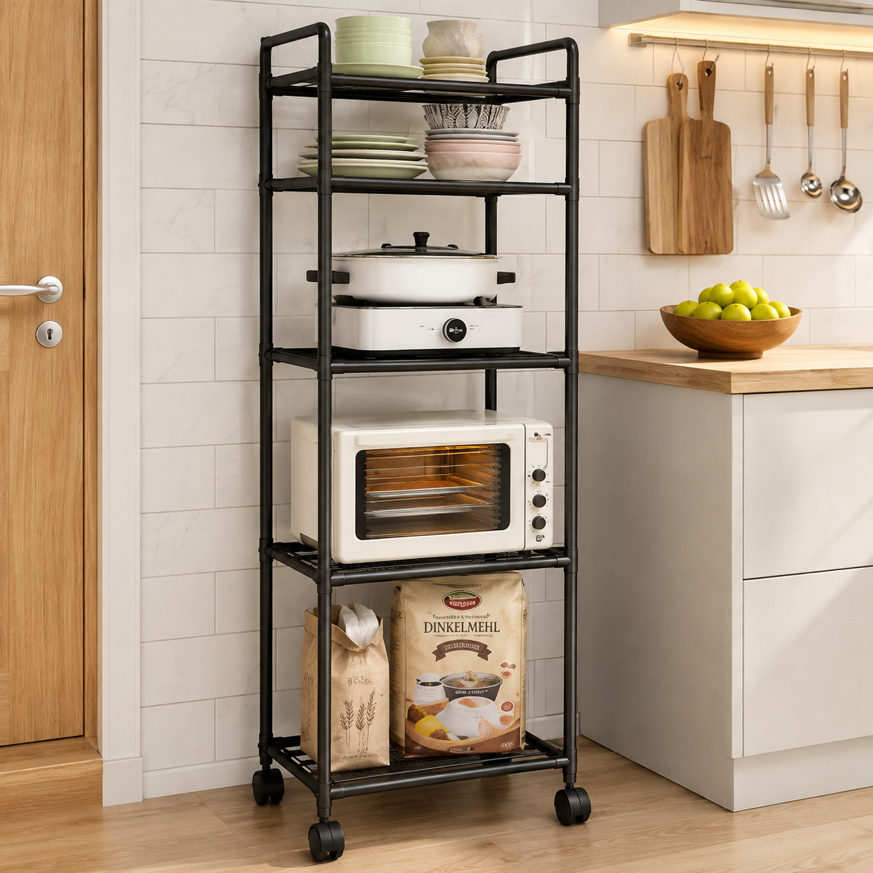 Multi Purpose 5 Tier Storage Shelf with Wheels, Multifunctional Utility Storage Rack, Multi Layers Microwave Oven And Kitchen Organizer