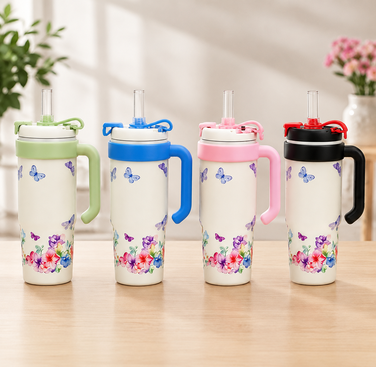 Insulated Vacuum Floral Tumbler with Handle, 1000ml Leak Proof Stainless Steel Travel Water Bottle, Floral Thermos Tumbler with Straw & Handle
