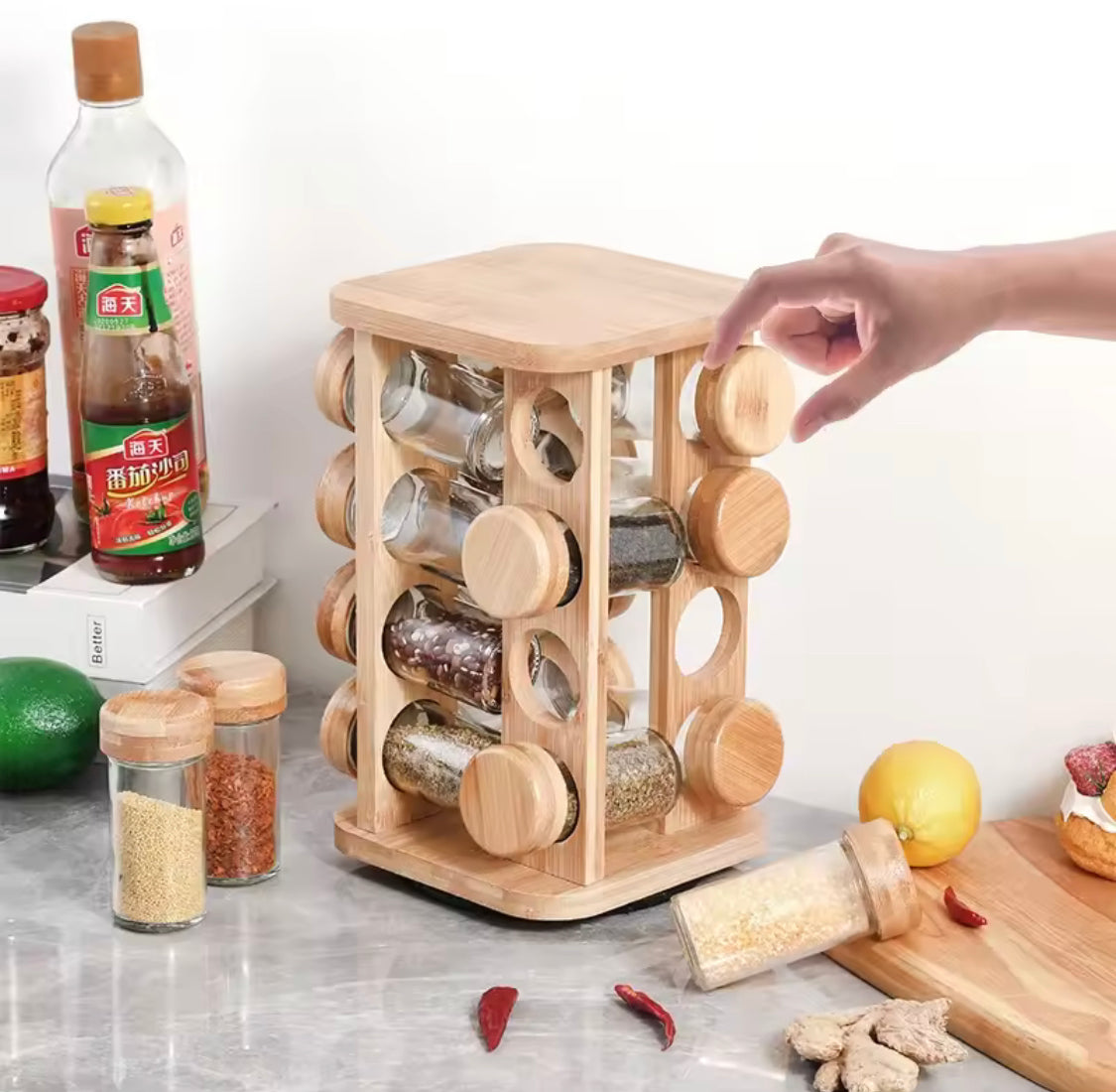 Rotatable Wooden Spice Rack With Jars, Multi Layers Square Shape Seasoning Bottle Storage Rack, Seasoning Bottles Condiment Jars, Kitchen Storage Organizer