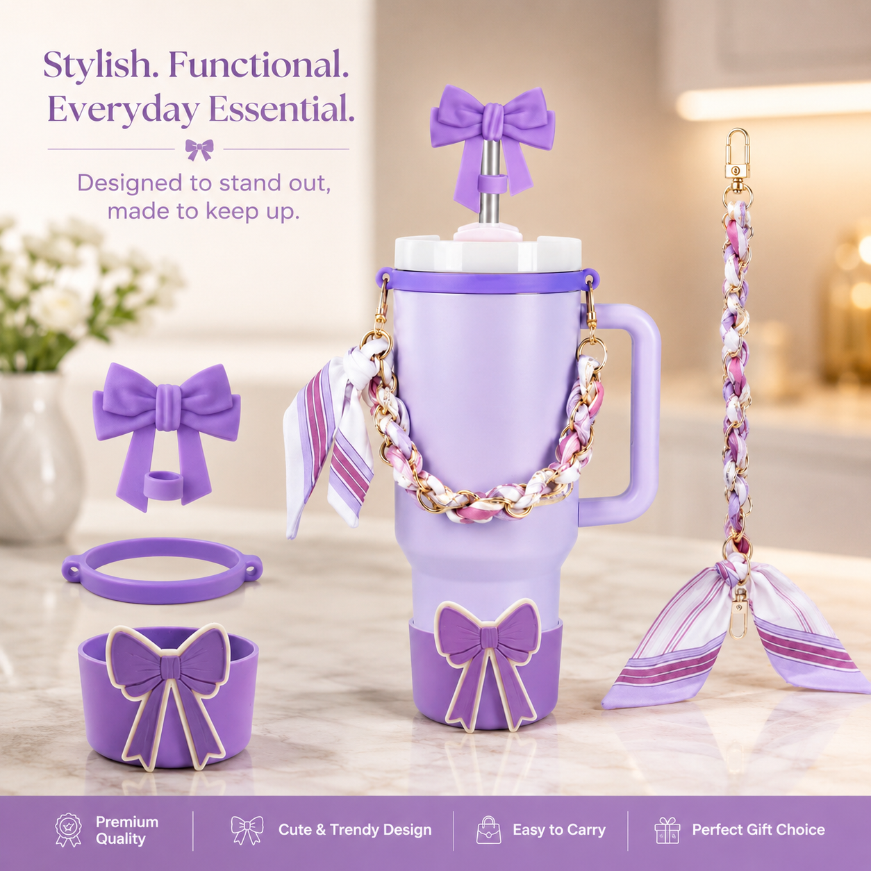 Cute Bow Tumbler Decoration Kit, 40oz Tumblers Accessory Kit, Aesthetic Bow Tumbler Accessory Bundle