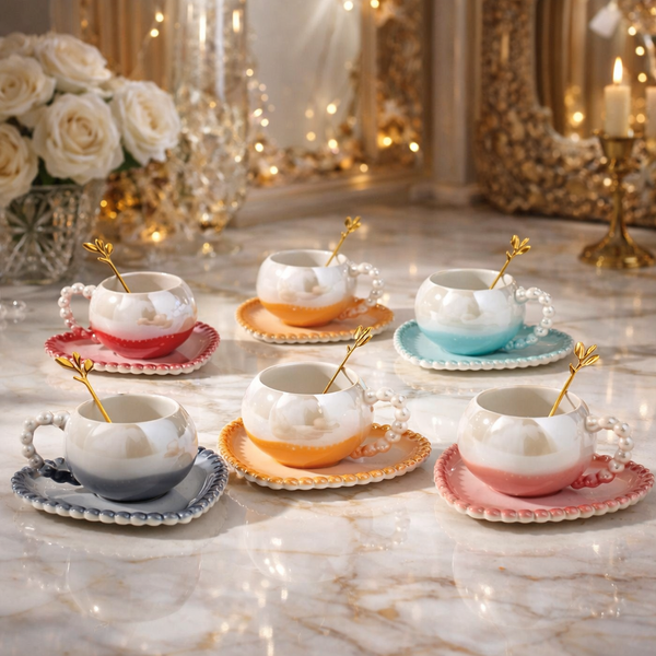 Luxury Pearl Handle Tea Cup, Ceramic Iridescent Mug With Heart Shaped Saucer, 1Pc Home Exquisite Coffee Cup With Saucer