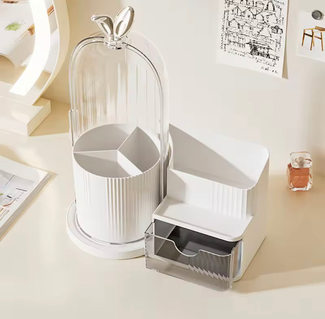 360 Rotating Makeup Organizer With Dustproof Cover, Multi Layer Cosmetic Storage Box with Drawer, Cage Shape Brush Organizer, Lipstick and Eyebrow Pencil Holder