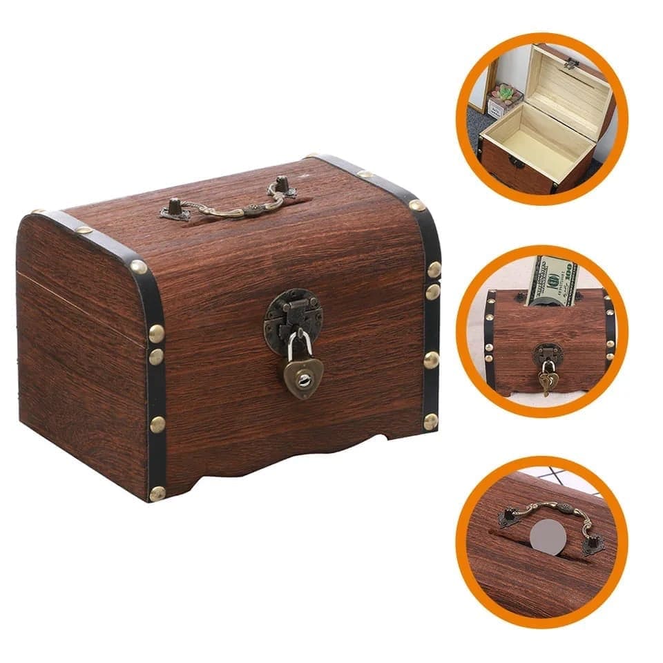 Treasure Money Box, Vintage Wood Money Saving Box With Lock, Pirate Multipurpose Treasure Chest Box, Children Lockable Coin Box, Paper Note And Coin Saving Box, Retro Wooden Treasure Chest Money Bank