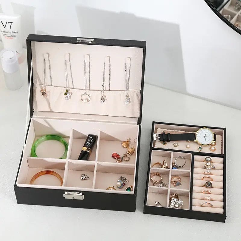 Double Layer Leather Jewellery, Earrings And Rings Storage Organizer, Portable Jewellery Box For Necklaces, Travel Jewelry Box Organizer with Lock, Travel Jewelry Leather Display Storage Case