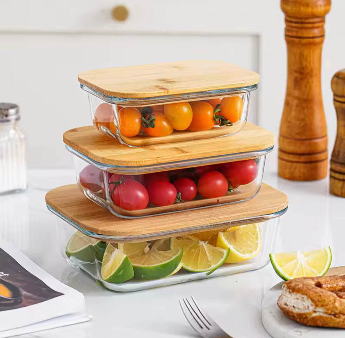 Set of 3 High Borosilicate Glass Bamboo Lunch Box, Heat Resistant Food Storage Containers With Lid, Food Storage Containers