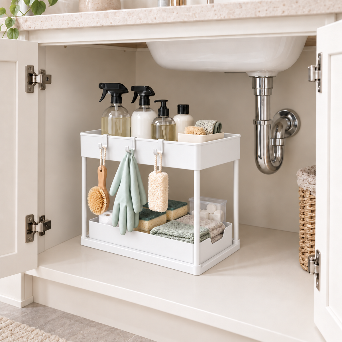 2 Tier Sliding Under Sink Organizer,     Bathroom Countertop Storage Organizer, Multipurpose Kitchen Organizer