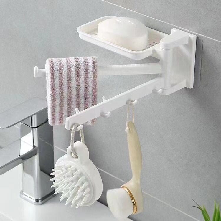 7 Hook Towel Bar, Multifunctional Hook Shelf, Caddy Kitchen Shelf, Self Adhesive Bathroom Kitchen Storage Shelf with Towel Bar, Rotatable Soap Dish With Towel Bar