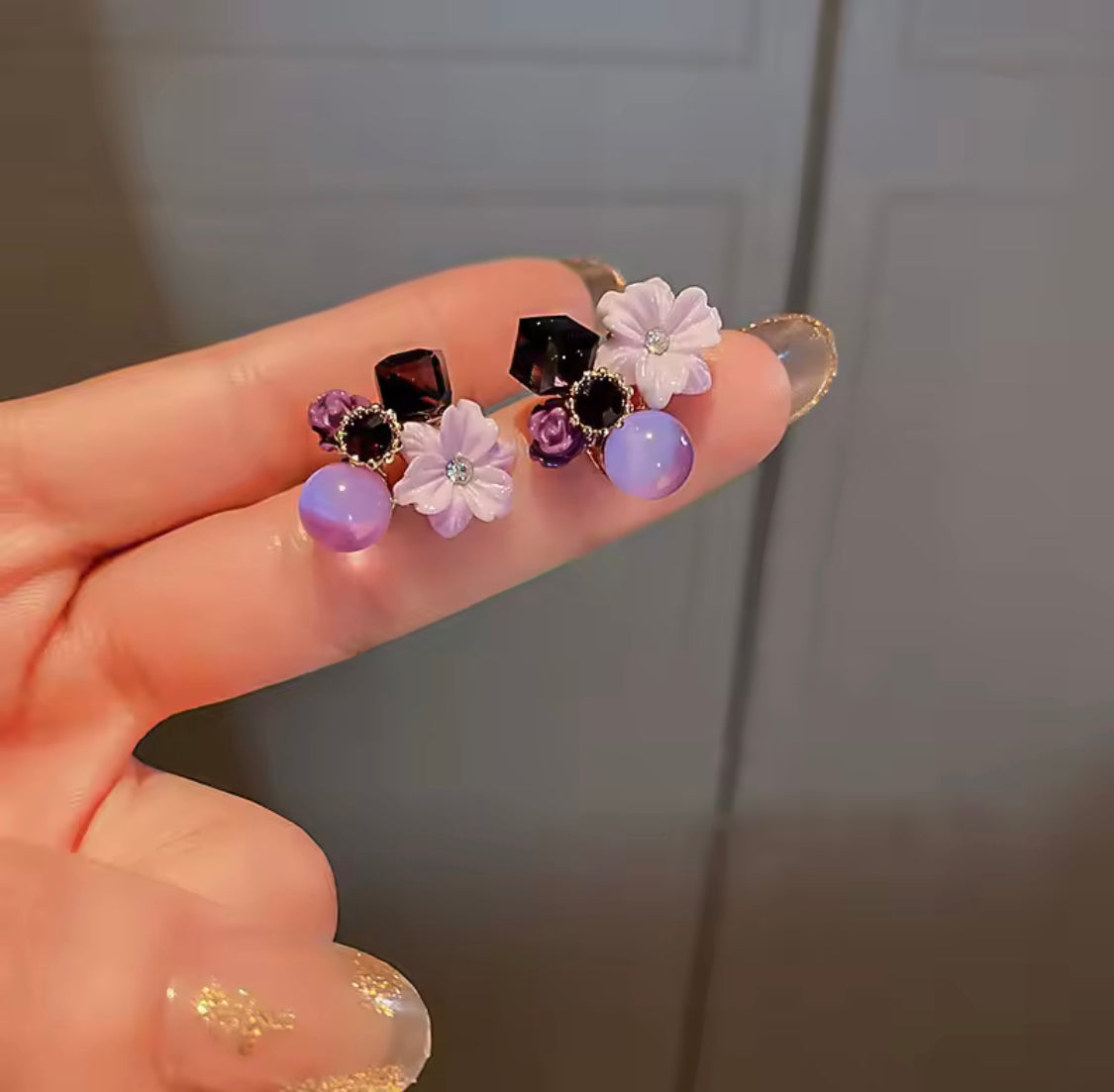 Crystal Purple Flower Beads Stud Earrings, Small Simple Earrings, Purple Floral Design Studs Earrings, Jewellery Accessories