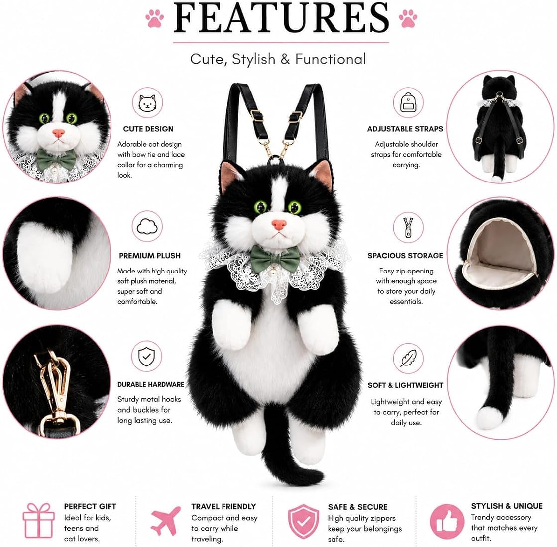 Cute Cat Plush Stuffed Backpack,     Kawaii Cat Backpack Carrier, Fluffy Cat Doll Backpack, Adorable Cat Shoulder Backpack