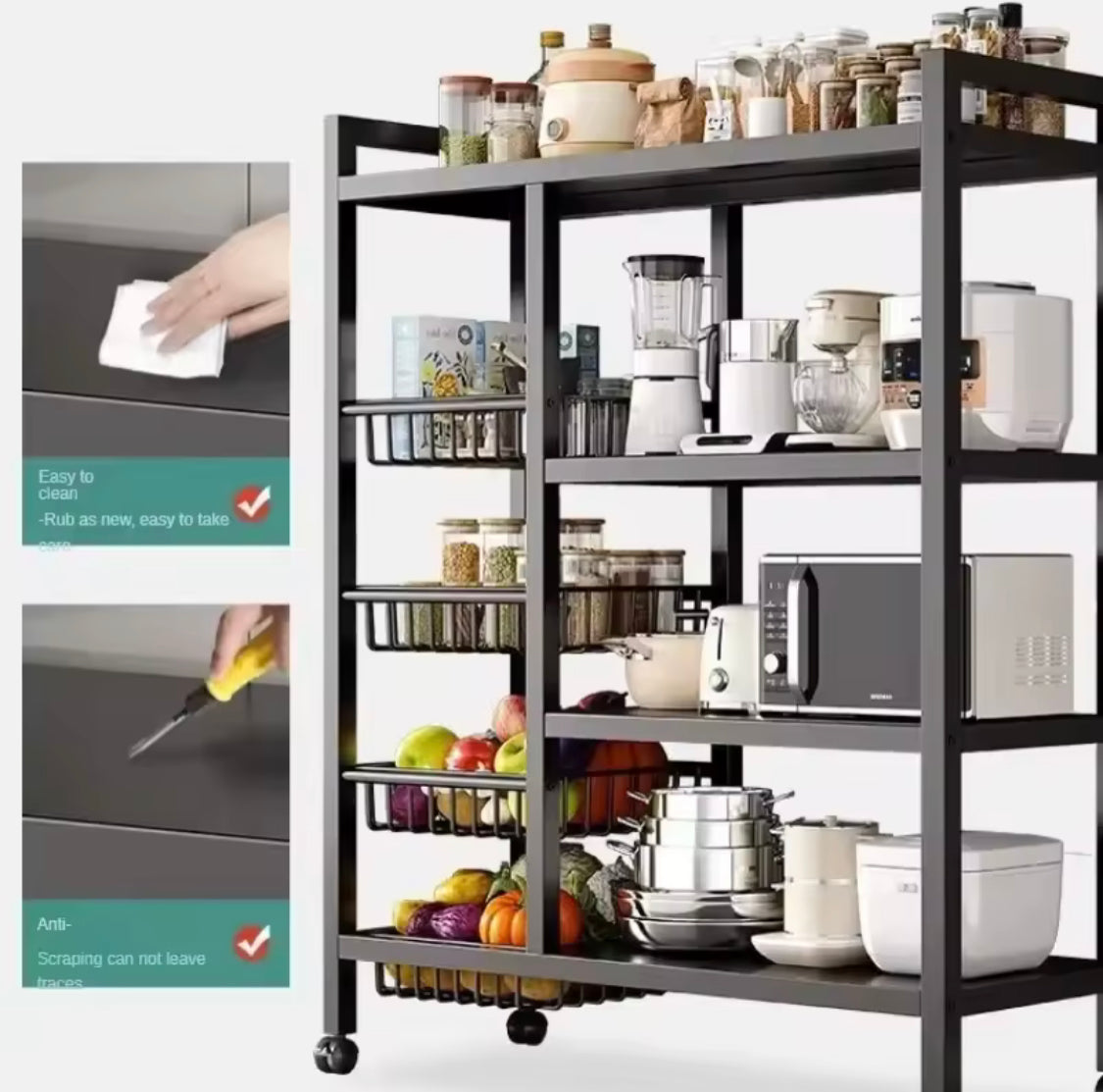 Multi Layer Storage Rolling Cart, Moveable Kitchen Storage Rack With Baskets, Multifunctional Kitchen Organizer