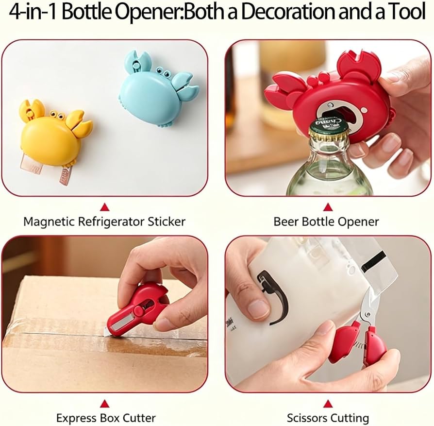 4 In 1 Magnetic Crab Bottle Opener with Mini Scissors, Multifunction Fridge Kitchen Tool with Strong Magnet, Compact Bottle Cap Opener, Kitchen Gadget