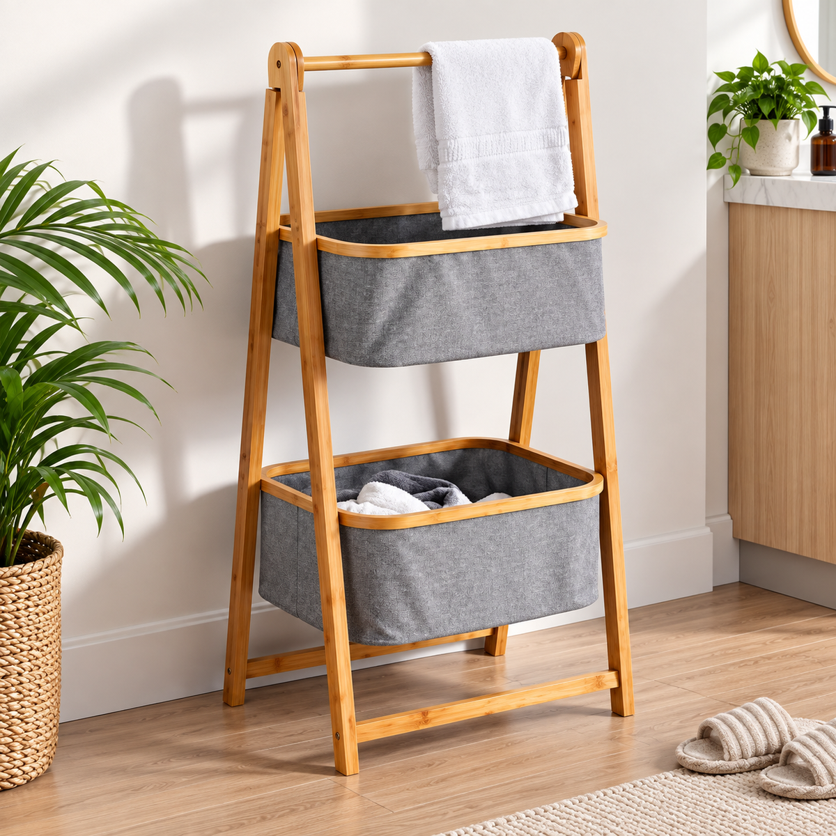 Multi Layer Bamboo Laundry Storage Organizer, Double Layer Bamboo Laundry Rack, Foldable Bamboo Laundry Basket Stand, Laundry Basket And Storage Organizer