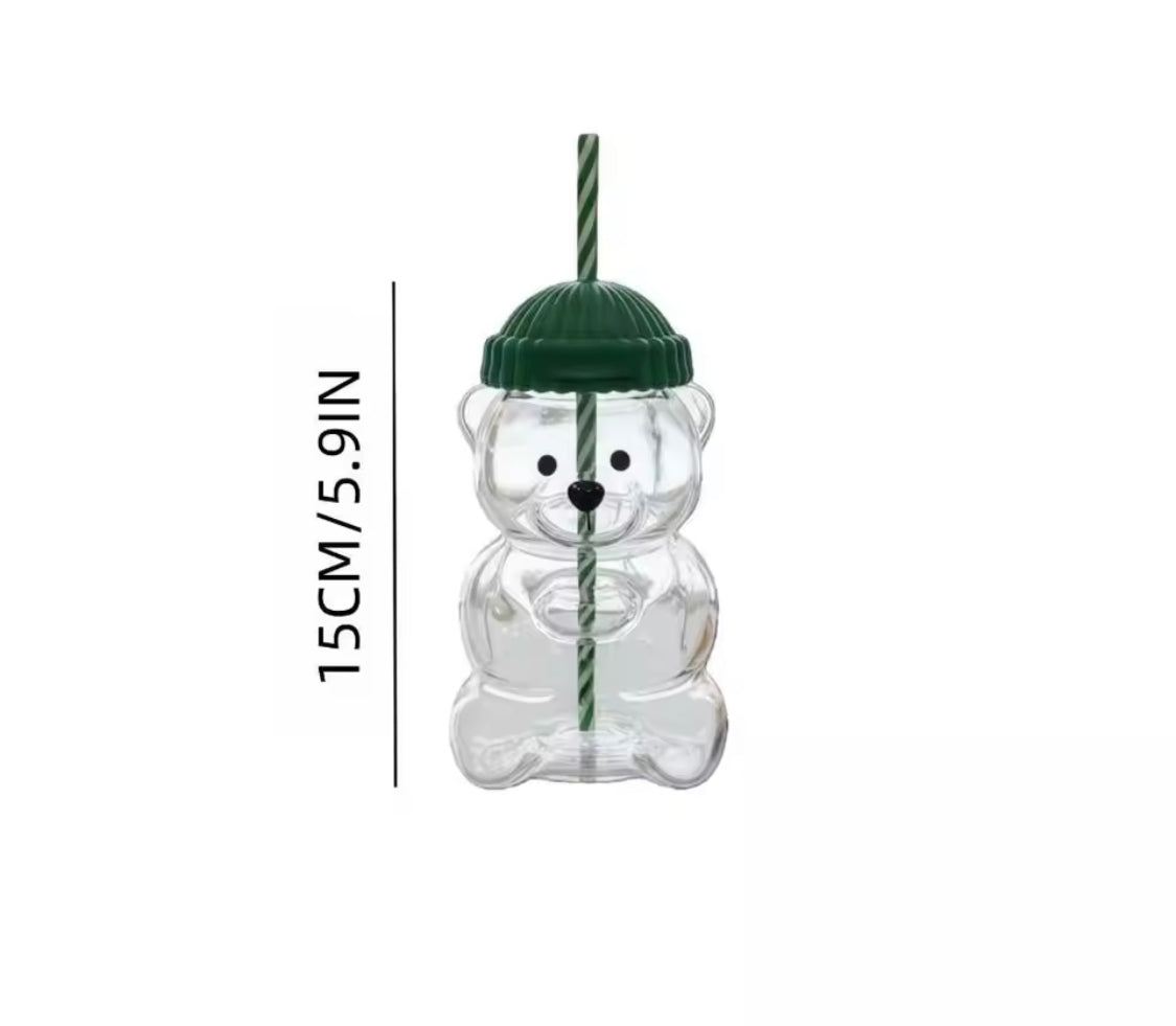 Bear Shape Glass Cup With Straw, Bear Shape Beverage Cup, Bear Smoothie Cup With Straw, Bear Drinking Cup With Lid And Straw