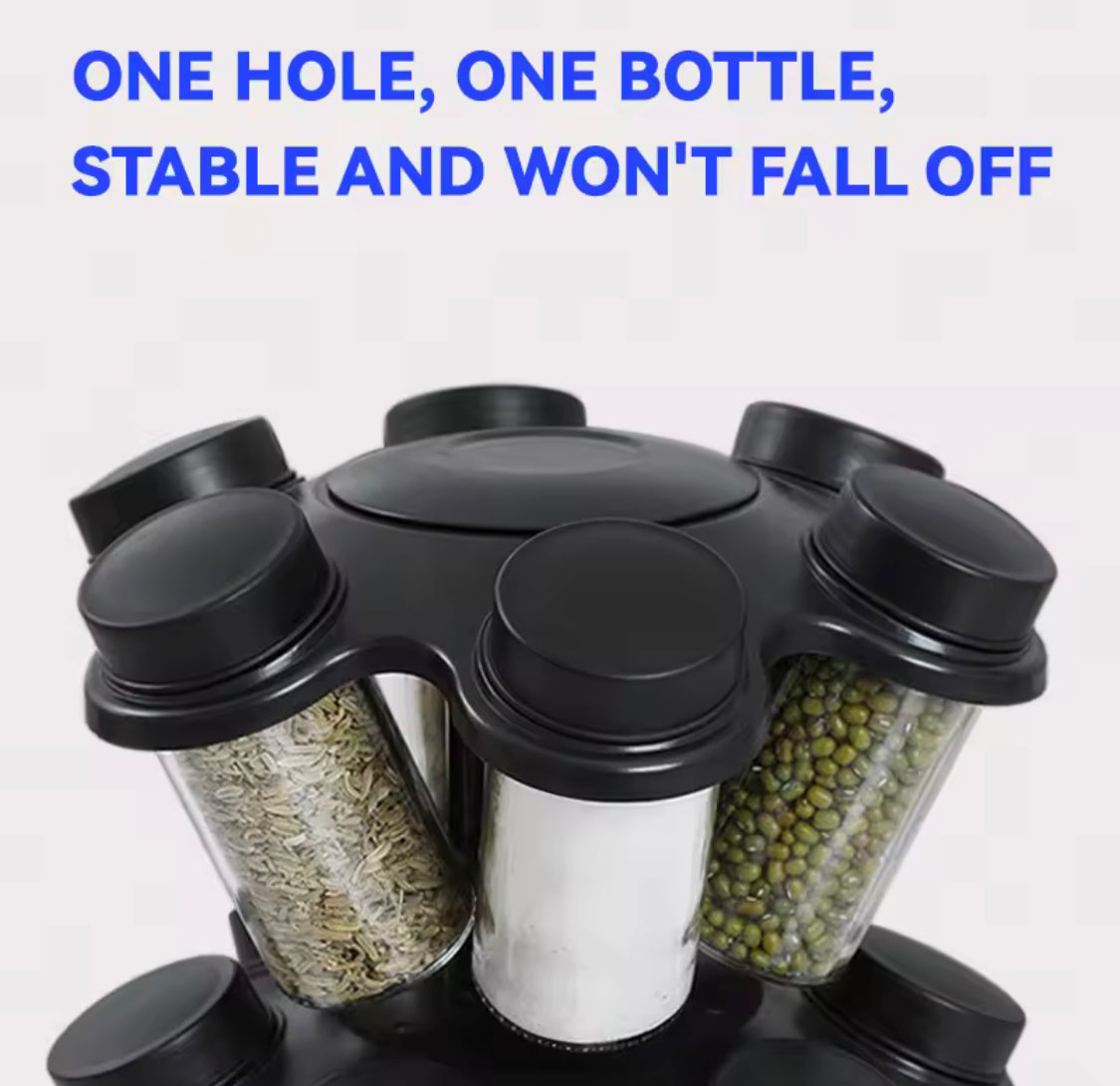 360° Rotating Spice Carousel withSeasoning Jars, Salt Shaker, Kitchen Organizers, 360° Revolving Masala Rack