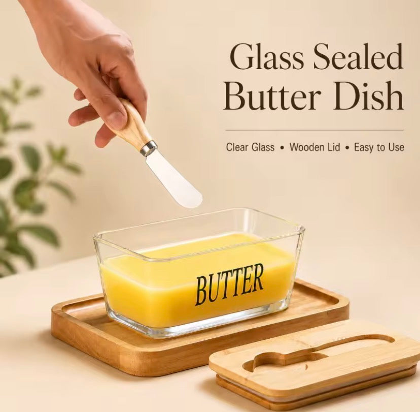Glass Butter Box with Bamboo Lid And Knife Holder, Butter Keeper Glass Container, Glass Butter Box with Wooden Lid