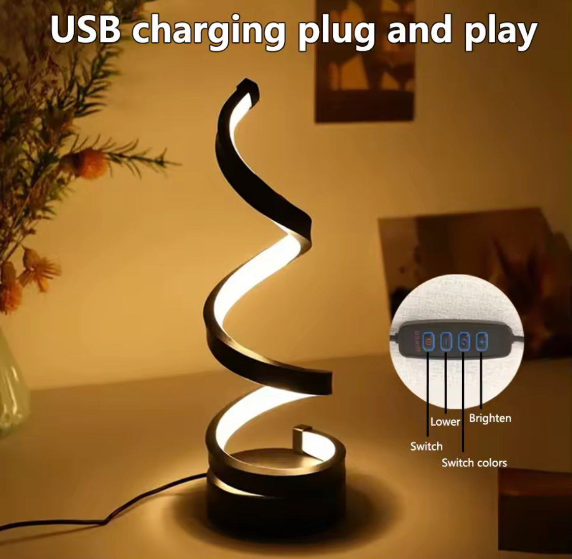 Modern Spiral Dimmable LED Table Lamp, USB Power Bedroom Bedside Lamp, Living Room Decorative Table Lamp, USB Study Student Light