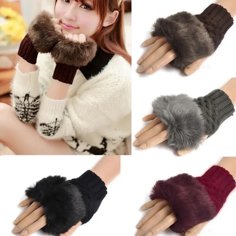Fingerless Winter Gloves, Rabbit Fur Mitten Gloves, Faux Fur Fluffy Winter Gloves, Woolen Crochet Knitted Wrist Warmer Glove, Winter Half Finger Gloves, Warmer Stylish Gloves