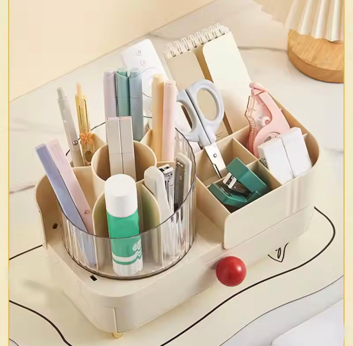Cosmetic Storage Holder With Rotating Makeup Brush Holder, Makeup Brush Holder With Drawer, Lipstick and Eyebrow Pencil Holder, Makeup Sundries Storage Organizer