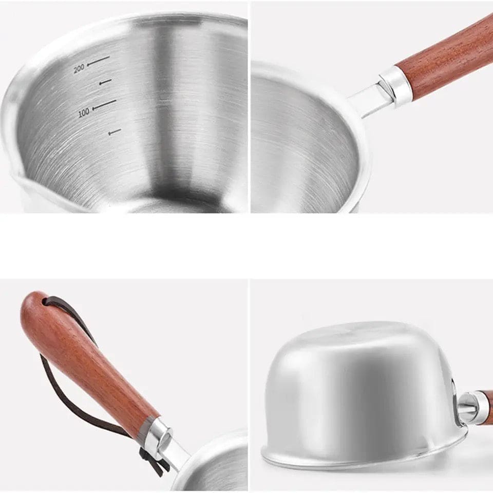 Stainless Steel Oil Splash Pot, Wooden Handle Mini Sauce Pan, Kitchen Cooking Seasoning Dripping Sauce Pan, Household Small Milk Pan, Multipurpose Home Kitchen Small Cooking Pot Butter Melting Pot