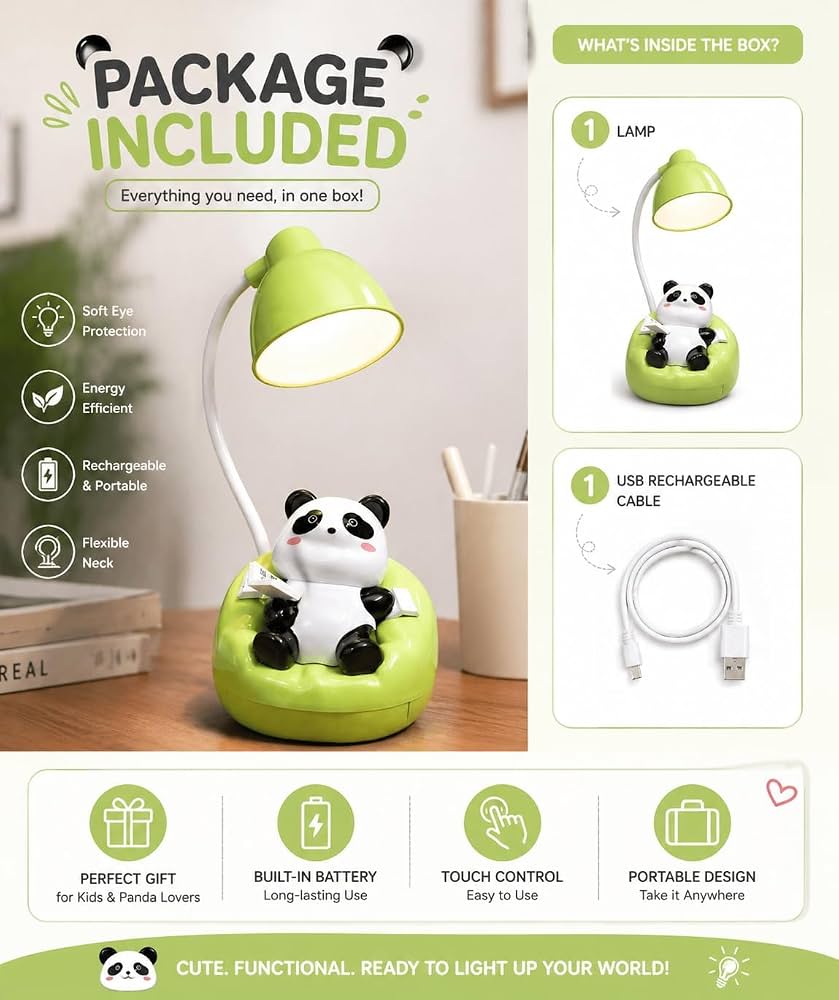 Cute Panda LED Desk Lamp with Phone Holder, Adorable Panda Reading Lamp, Adjustable Desk Lamp, Kids Study And Reading Table Light